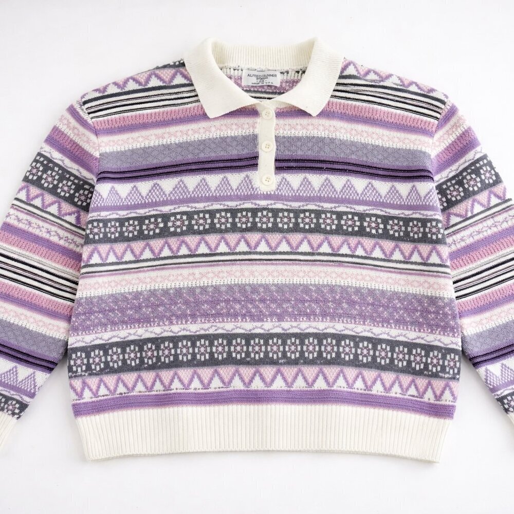 Vintage Alfred Dunner Lavender Fair Isle Stripes Collared Button Knit Sweater 2X
